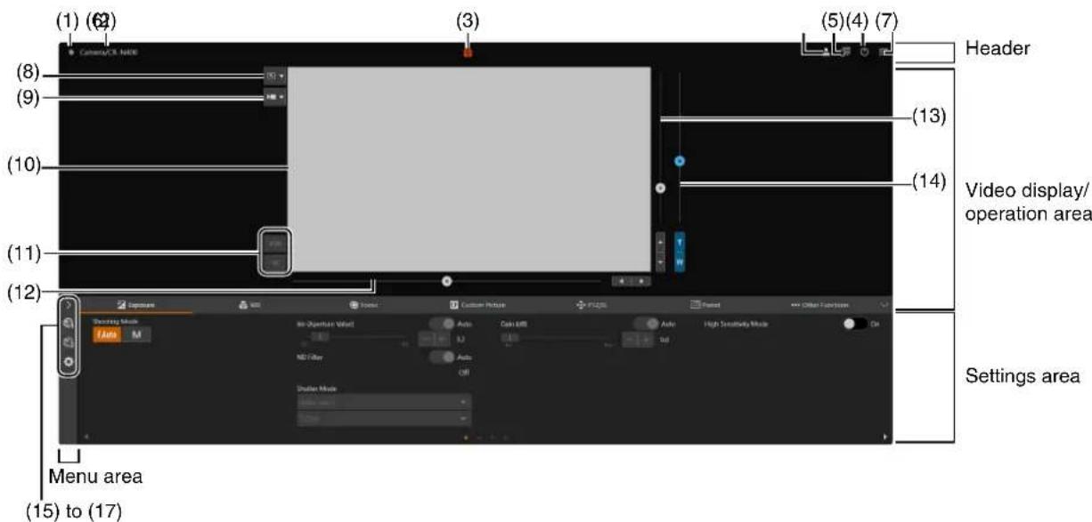 (1) (6) (8) (9) (10) (11) (12) (3) (5)(4) (7) Header (13) (14) Video display/ operation area Settings area Menu area (15) to (17)