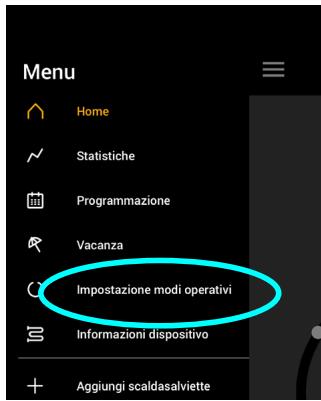 Menu Home Statistiche Programmazione Vacanza Impostazione modi operativi Informazioni dispositivo Aggiungi scaldasalviette