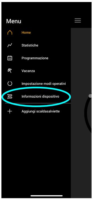 Menu Home Statistiche Programmazione Vacanza Impostazione modi operativi Informazioni dispositivo Aggiungi scaldasalviette