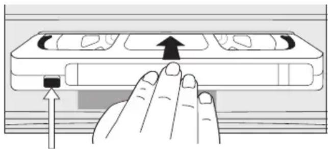 Illustration of a hand pressing down on a device panel with an upward arrow (no text or symbols)