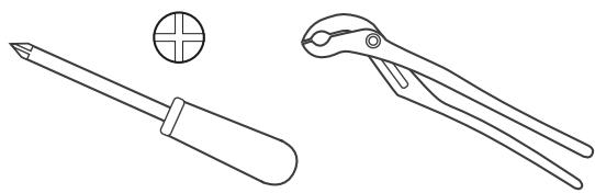 Line drawing of two different tools: a pair of pliers and a circular component (no text or symbols)