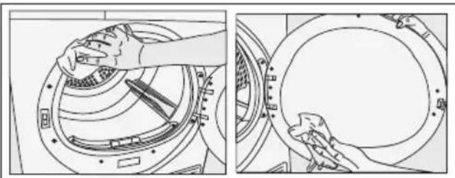 Two technical line drawings showing hands cleaning a circular mechanical component (no text or symbols present)
