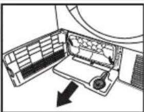 Diagram of an air conditioner unit with a handle and internal panel, showing airflow direction (no text or symbols)
