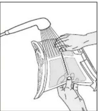 Line drawing of hands using a handheld device to interact with a screen (no text or symbols)