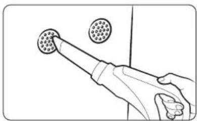 Illustration of a hand holding a handheld device with two circular sensor-like components above it (no text or symbols)