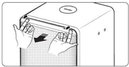 Illustration of hands holding a device with a downward arrow indicating compression or disassembly (no text or symbols present)