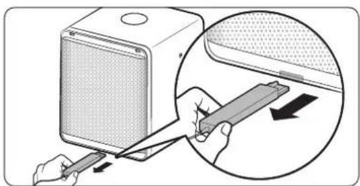 Illustration of a hand using a tool to adjust or install a device, showing a magnified view of the component (no text or symbols present)