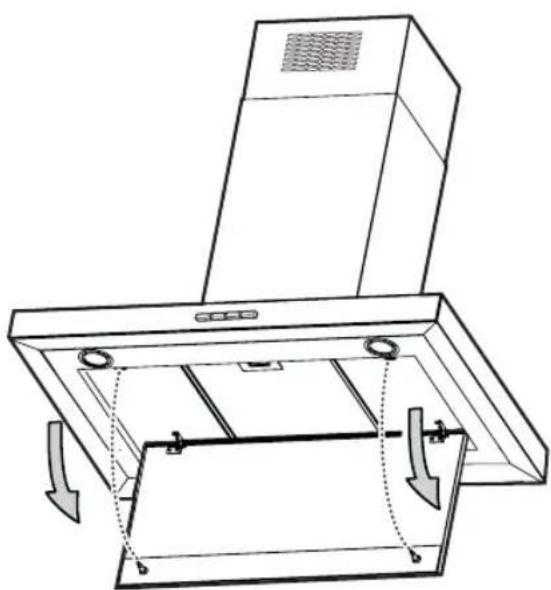 Line drawing of a kitchen air conditioner unit with airflow arrows indicating internal components (no text or symbols)