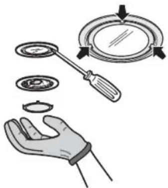 Illustration of a hand holding a screwdriver and two circular components, with arrows indicating motion (no text or symbols)