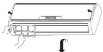 Line drawing of a hand pressing down on a device with a scroll arrow indicating compression (no text or symbols)