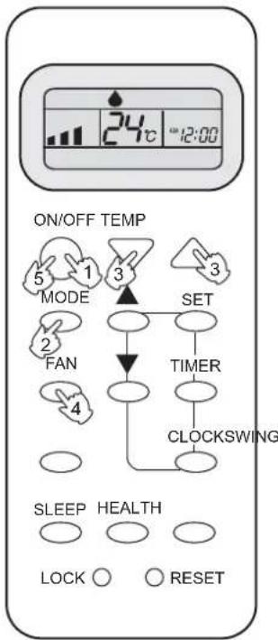 24°C 12:00 ON/OFF TEMP MODE FAN SET TIMER CLOCKSWING SLEEP HEALTH LOCK ○ RESET