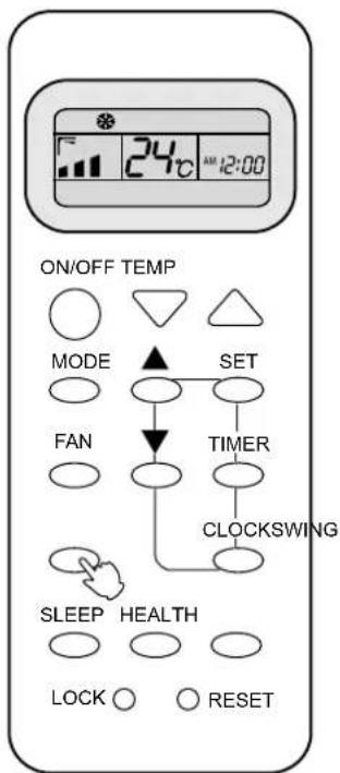 ON/OFF TEMP MODE FAN SET TIMER CLOCKSWING SLEEP HEALTH LOCK ○ RESET