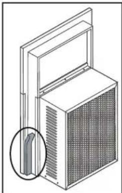 Technical line drawing of a modular air conditioner unit with a close-up inset showing internal structure.