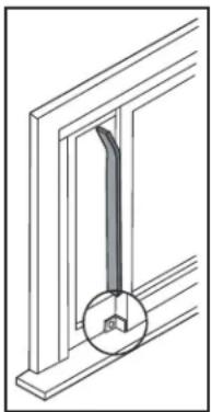 Technical line drawing of a window frame with a circular component and a curved arrow.