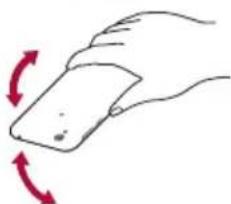 Hand holding a rectangular object with red curved arrows indicating rotation or movement (no text or symbols)