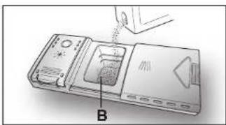 Diagram of a device with labeled parts and a downward arrow indicating motion or force, marked as B.