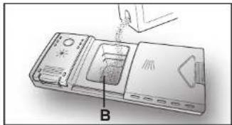 Diagram of a device with labeled component B, showing internal components and a hand holding a tool (no text or symbols present)