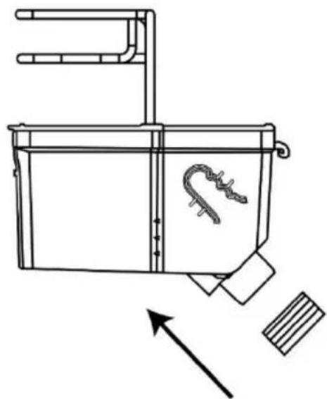 Line drawing of a water tank with a hook inside, showing mechanical components and an upward arrow (no text or symbols)