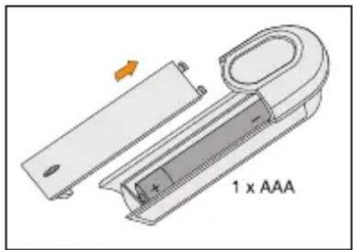 Diagram of a battery pack with one side showing internal charge and label '1 x AAA' (no text or symbols on the diagram itself)
