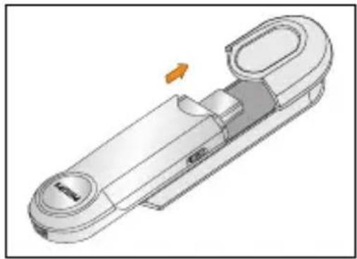 3D mechanical component diagram showing a lever mechanism with a highlighted section and an arrow indicating motion (no text or symbols present)