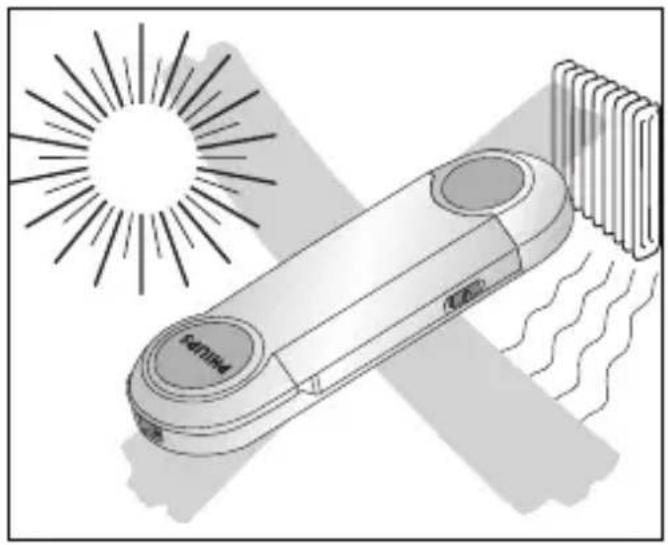 Illustration of a portable electronic device emitting heat and wavy lines, with a sunburst background (no text or symbols)