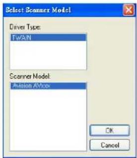Select Scanner Model Driver Type: Twin Scanner Model: Aviation AVBox OK Cancel