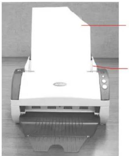 Front view of a white paper printer with red measurement lines on its side (no visible text or symbols)