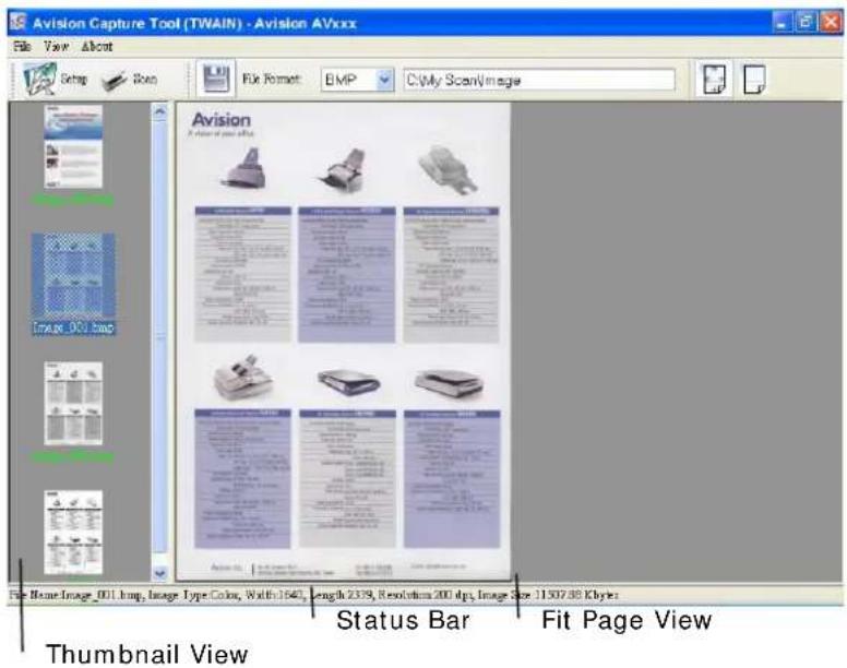 Avision Capture Tool (TWAIN) - Avision AVxxx File View About Setup Scan File Format: BMP C:\My Scan\Image Avision A visor of your image Image 001.bmp Status Bar Fit Page View Thumbnail View