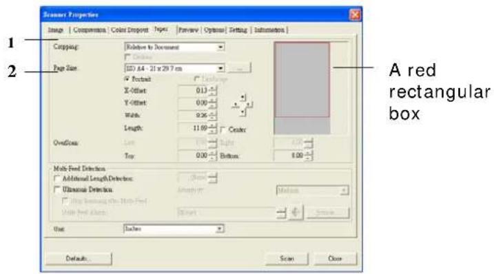 Scinner Properties Image | Components | Color Dropout | Type | Preview | Options | Setting | Subtraction | 1 2 Corpping: Relative to Document Page Size: 107.64 - 21 x 29.7 cm ✓ Portrait X-Offset: 0.13 Y-Offset: 0.00 Width: 9.26 Length: 11.69 Color: OverGloss: Left Top: 0.00 Bottom: 8.00 Multi-Feed D…