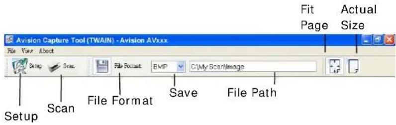 Avision Capture Tool (TWAIN) -Avision AVxxx File View About Setup Scan File Format BMP C:\My Scan\Image File Format Save File Path Fit Page Actual Size