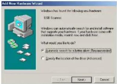 Add New Hardware Wizard Windows has found the following new hardwares USB Scanmail Windows can automatically search for and install software that supports your hardware. If your hardware came with installation media, insert it now and click next What would you like to do? • Automatic search for a be…