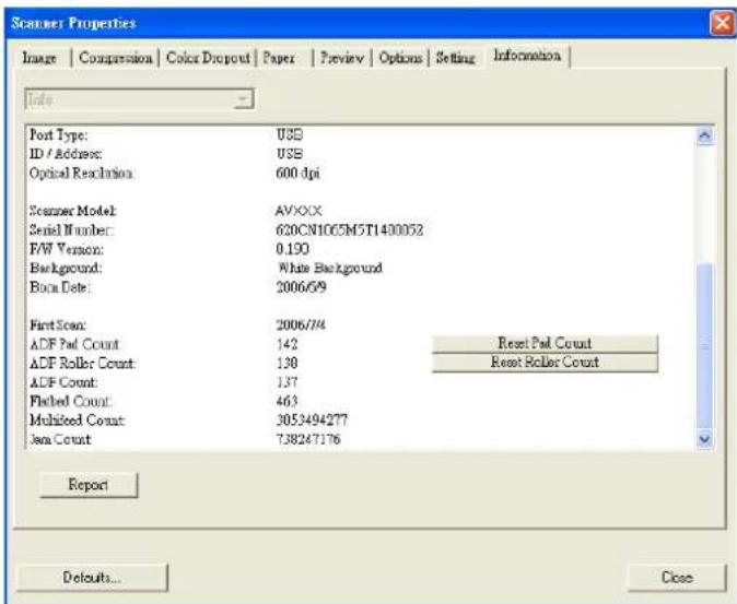 Scanner Properties Image | Compression | Color Dropout | Paper | Preview | Options | Setting | Information | Info Port Type: USB ID / Address: USB Optical Resolution 600 dpi Scanner Model: AVXXX Serial Number: 620CN1005M5T1400052 F/W Version: 0.100 Background: White Background Book Date: 2006/5/9 Fi…