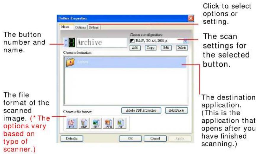 Button Properties Mean Options Settings Choose a configuration: B&W7, ISO 44, 200dpi Add Copy Edit Delete Choose a destination: Actions Choose a file format: Adobe PDF Properties AddDelete PDF BMP TFT JPEG PDF Deferrals OK Cancel Apply Click to select options or setting. The scan settings for the se…