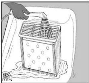 Illustration of a hand washing a shower next to a water dispenser (no text or symbols visible)