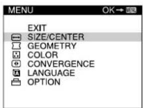 MENU EXIT SIZE/CENTER GEOMETRY COLOR CONVERGENCE LANGUAGE OPTION