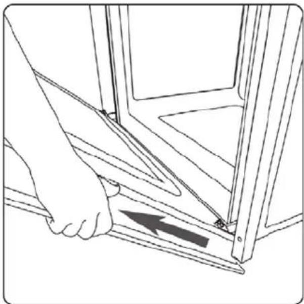 Line drawing of a hand opening a window frame with a directional arrow indicating movement (no text or symbols)