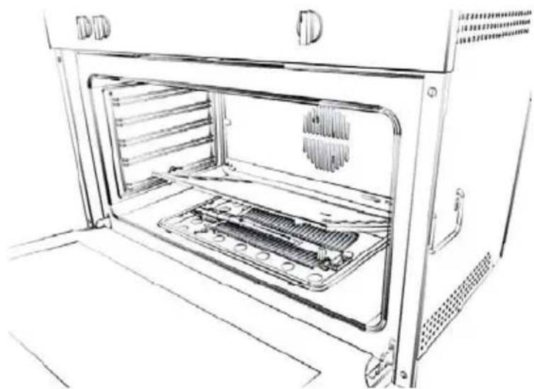 Line drawing of an open oven with internal cooling system (no text or symbols)