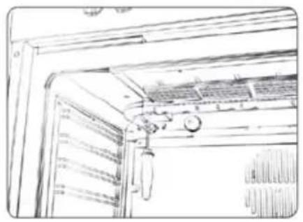 Line drawing of a room interior with ceiling, door, and hanging equipment (no text or symbols)