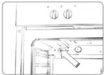 Line drawing of an oven with control knob and door (no text or symbols)