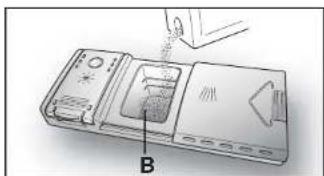 Diagram of a device with labeled component B, showing internal components and a downward arrow (no text or symbols beyond label)