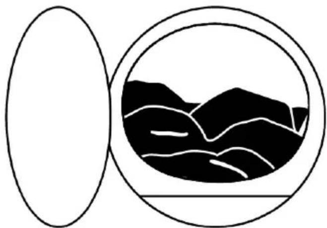 Abstract black-and-white diagram showing a circular frame enclosing a stylized mountain landscape with white outlines (no text or symbols)