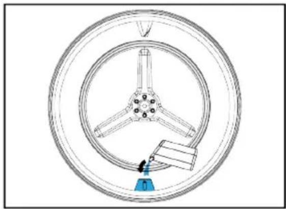 Technical line drawing of a wheel assembly with three blades and a handle, no text or symbols present