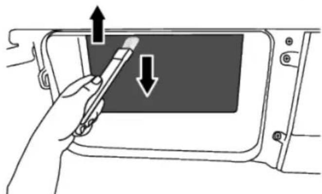 Illustration of a hand holding a pen inside a device panel, with arrows indicating direction (no text or symbols)