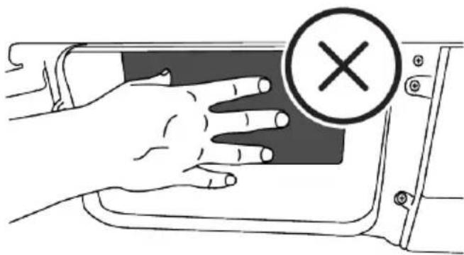 Illustration of a hand pressing down on a vehicle door panel with a circular symbol indicating a cross (no text or labels present)