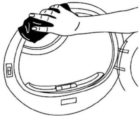 Line drawing of a hand cleaning a circular object with a black tool, no text or symbols present