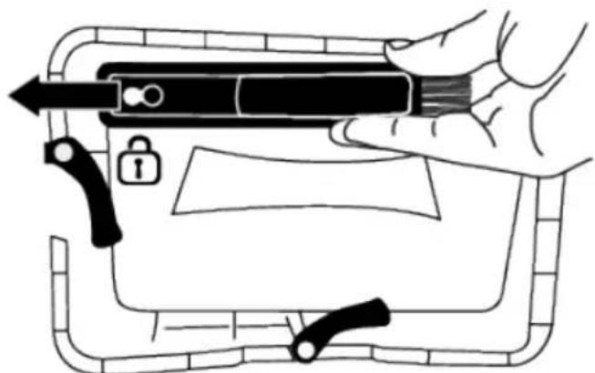 Illustration of a hand holding a pen inside a device frame with lock and lever mechanism (no text or symbols)