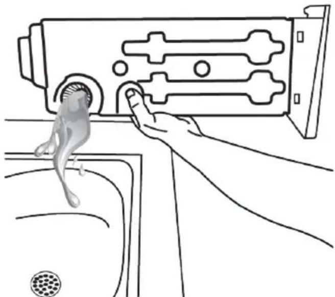 Line drawing of a hand inserting a device into a device panel, with a small inset showing a mouse (no text or symbols)