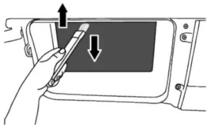 Illustration of a hand holding a pen inside a device panel, with arrows indicating direction (no text or symbols)