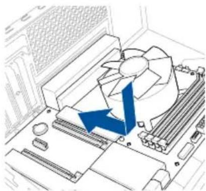Diagram of a computer motherboard with CPU socket and fan blade, showing blue arrows indicating motion or force (no text or symbols)