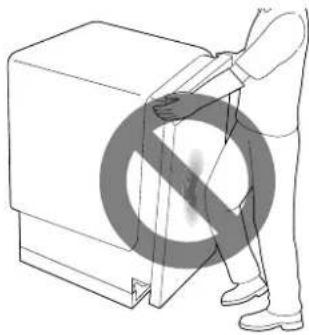 Line drawing of a person pushing a large box with a no-smoking symbol overlay (no text or symbols present)